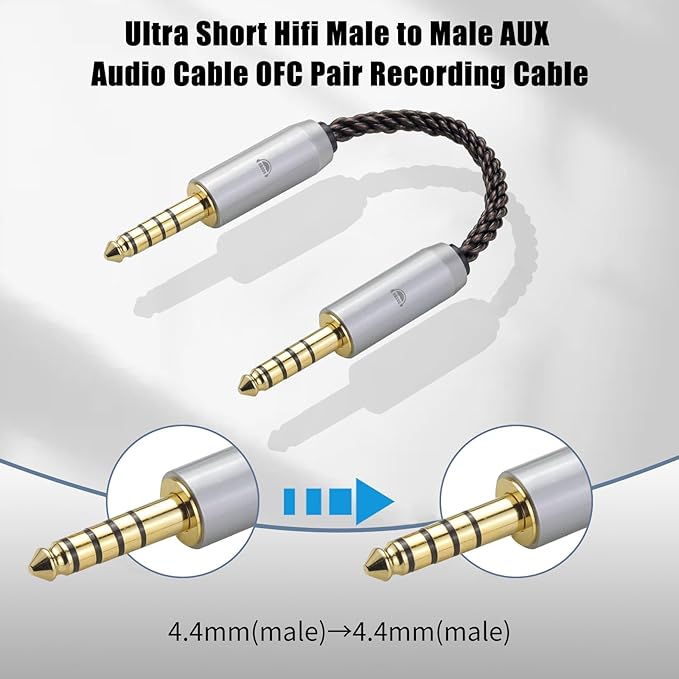 okcsc 4.4MM Male to 4.4MM Male Ultra Short Hifil Male to Male AUX Audio Cable OFC Pair Recording Cable Wire-Breakage-Prevention Design Adoption of 8-Core Braided Structure 5.82 inch