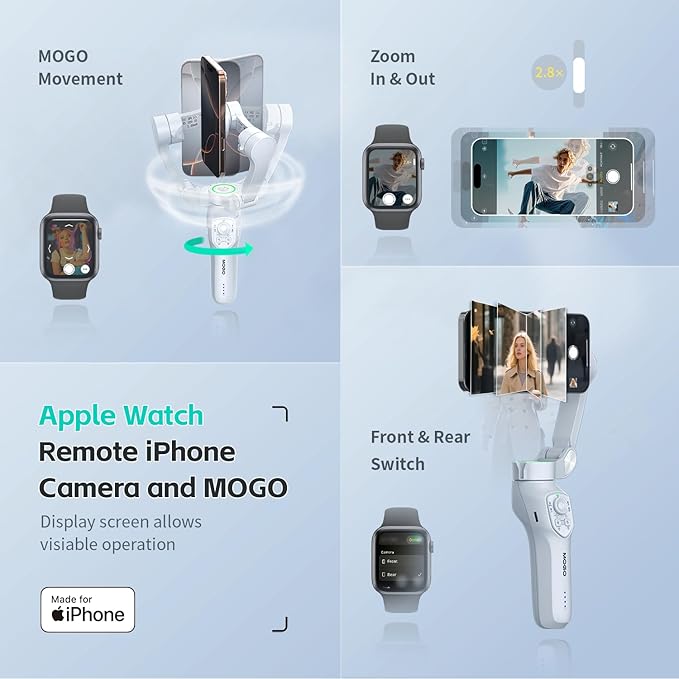 Only for iPhone, MOGO [Apple MFi Certified] Gimbal Stabilizer for iPhone Stabilizer for Video Recording and Control Native Camera by Remote Control and Apple Watch, OTA Upgrade Supported