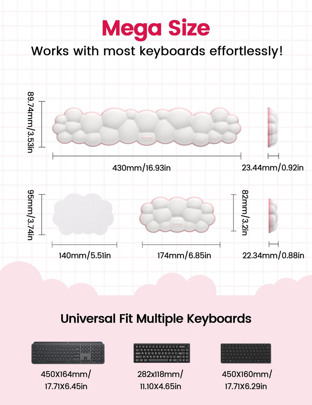 Vaydeer Cloud Keyboard Wrist Rest Set – Ergonomic Memory Foam Wrist Pad for Computer, Laptop & Gaming, Non-Slip Cute Desk Accessories for Office(Keyboard Rest + Mouse Rest + Coaster)