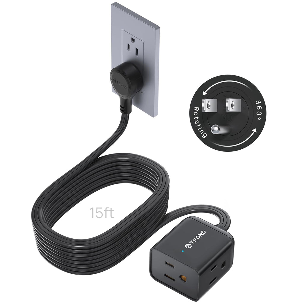 TROND 360 Rotating Flat Plug Extension Cord 15 ft for Tight Spaces, Black