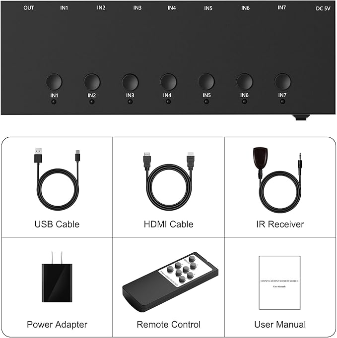 Y.D.F 7 Port HDMI Switch, 4k@60Hz HDMI Switcher 7 in 1 Out HDCP 2.0 Manual HDMI 2.0 Hub Support 3D Compatible with Nintendo Switch/OLED/Xbox/ PS5/4 Blu-Ray Player Fire Stick Roku Apple TV Chromeca