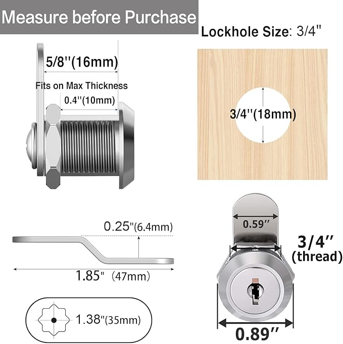 Cabinet Cam Locks Keyed Alike, 5/8'' Fits on 3/8'' Max Door Thickness, Secure File Drawer Mailbox RV Storage Replacement Set, Zinc Alloy (5/8 Inch 10Pcs)