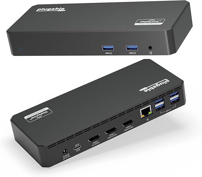 Plugable USB C Triple Display Docking Station with Laptop Charging, for Thunderbolt, USB4, or USB-C Systems, Compatible with Windows, macOS, ChromeOS laptops (3X HDMI, 6X USB 5Gbps Ports, 100W PD)