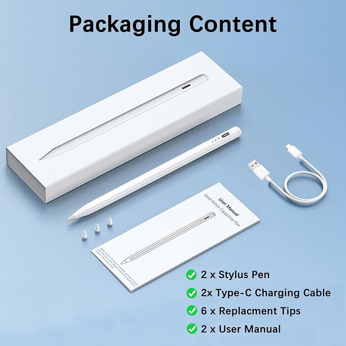 【2Pack】 Stylus Pencil for iPad 2018-2025 A16 11/10/9/8/7/6,iPad mini A17 Pro/6/5,iPad Air M3/M2 11"/13"/5/4/3,iPad Pro M4 13"/12.9"/11" USB-C Fast Charging Pencil,Pixel-Perfect Tilt Sensitivity