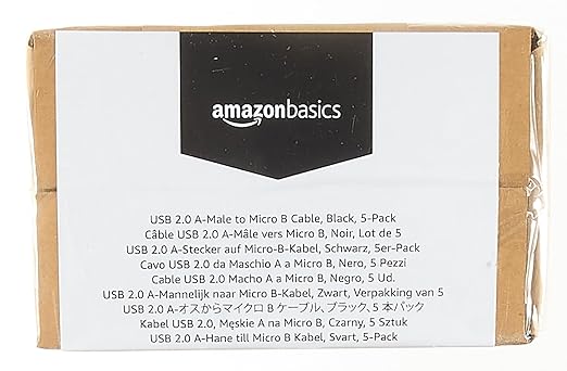 Amazon Basics 5-Pack USB-A to Micro USB Charging Cable, 480Mbps Transfer Speed with Gold-Plated Plugs, USB 2.0, 6 Foot, Black