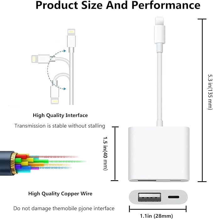 [Apple MFi Certified] Lightning to USB Camera Adapter with Charging Port for iPhone, USB 3.0 Female OTG Cable for iPad to Connect Card Reader USB Flash Drive U Disk Keyboard Mouse Hubs Midi