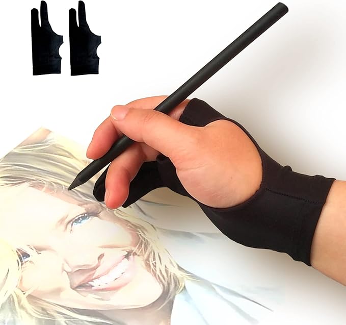 Drawing Glove, 3-Layer Palm Rejection Digital Art Glove for Graphic Tablet, Artist Gloves with Two Fingers for iPad, Paper Sketching, Smudge Guard (2 PCS, Middle)