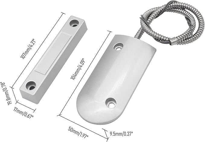 Magnetic Reed Switch Wired Surface Mount Normally Closed NC Contact Sensor Alarm Magnetic Door Switch with 2 Wires, Zinc Alloy Sliver, OC-60