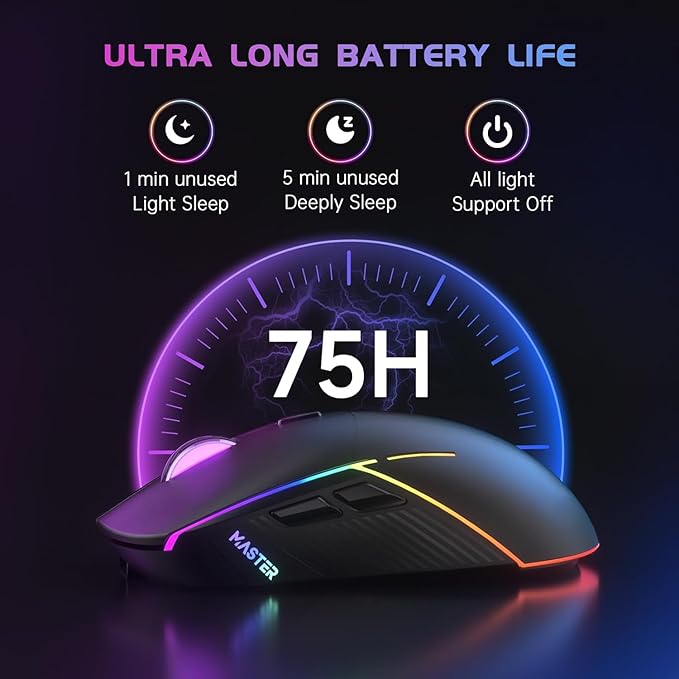 FFJ Wireless Gaming Mouse, 24000 DPI, Tri-Mode 2.4G/USB-C/Bluetooth 5.3 Gaming Mouse Wireless, RGB Programmable Mouse Gamer, 75Hrs Battery Life, Rechargeable Gaming Mice for PC, Mac, Xbox - Black