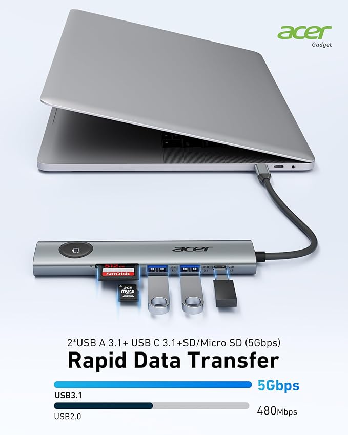 Acer USB C to HDMI Multiport Adapter, 7 in 1 USB-C Hub with HDMI 4K@60Hz, 100W PD, 2 USB-A 3.1 and 1 USB C 3.1 with 5Gbps, SD Card Reader, Type C Dongle for MacBook Pro/air, iPad, iPhone 16/15, Grey