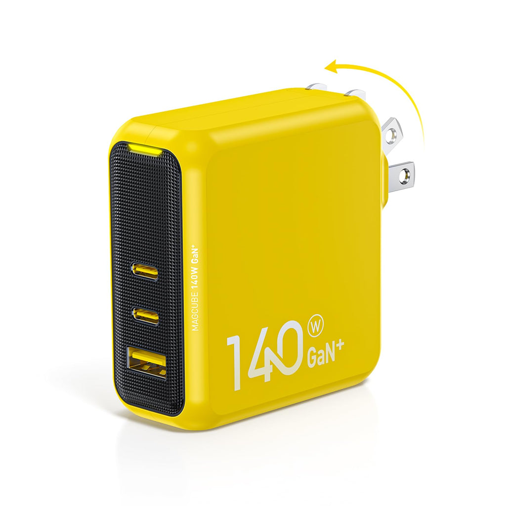 AOHI Magcube 140W USB C Charger PD3.1 3-Port GaN+ Laptop Wall Charger 100W Fast Charging Power Adapter Foldable Plug for MacBook Pro 16'', Dell XPS, iPad Pro, Galaxy, iPhone 17 Pro, Chromebook, Yellow