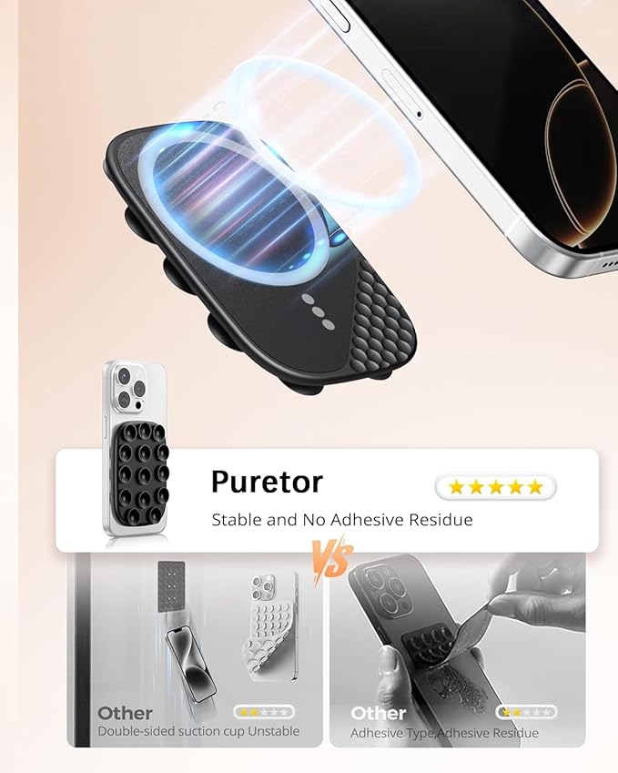 Magnetic Phone Suction Grip, Shower Phone Holder for MagSafe, Octo Phone Sticky Buddy Suction Grip for iPhone 16 15 14 13 12, Birthday Christmas for Women Black