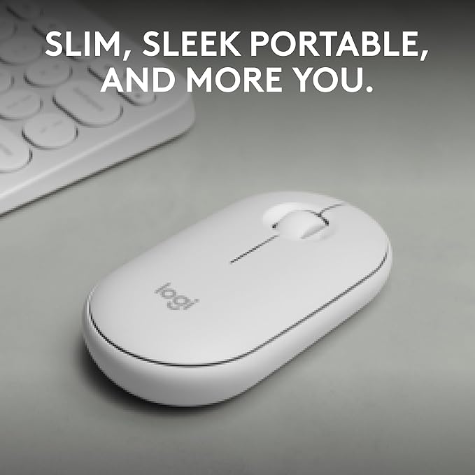 Logitech Pebble Mouse 2 M350s Slim Bluetooth Wireless Mouse, Portable, Lightweight, Customizable Button, Quiet Clicks, Easy-Switch for Windows, macOS, iPadOS, Android, Chrome OS - Tonal White