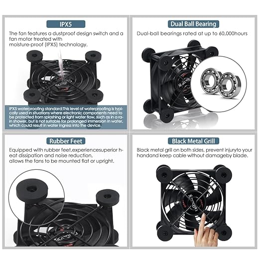 Dual 80mm Cooling Fan - 10-Speed USB 5V/DC 12V Power, IPX5 Waterproof for Tablet, TV, Router, Xbox, DVR, Computer Cabinet, Greenhouse & Kennel Component Cooling