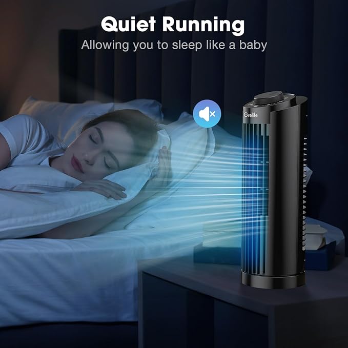 Grelife Tower Fan with Remote Control, Fast Cooling Desktop Fan, 90° Oscillation, 3 Speeds, 3 Wind Modes, Touch Screen, Auto Timer, Ideal for Home, Office Bedroom