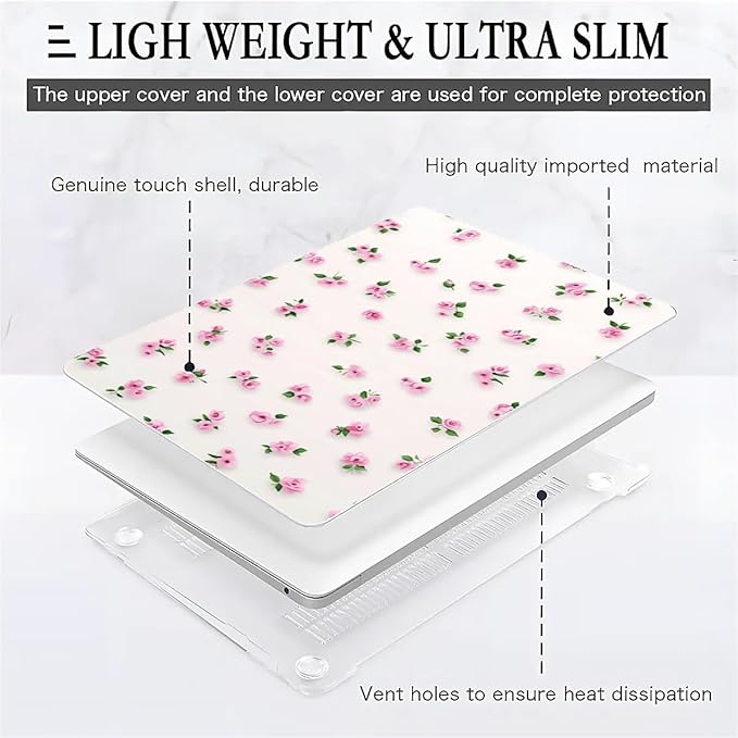 Compatible with MacBook Air 13.3 13.6 Inch Case 2022 2021 2020 2019 Plastic Hard Shell Case Cover,13.3 Pro(A1706/A1708/A1989/A2159/A2289/A2338), Pink Rose
