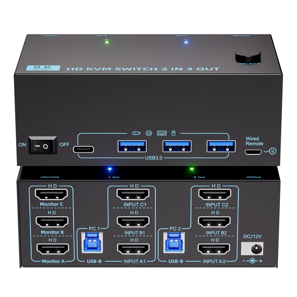 HDMI KVM Switch 3 Monitors 2 Computers 8K@60Hz/4K@120Hz, USB3.0 KVM Switches 2 Computers for 2 PC Sharing Triple Monitor and Keyboard Mouse, Wired Controller and USB Cables Including