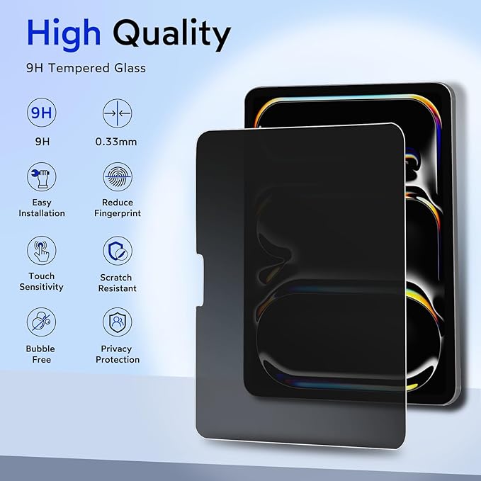 MOBDIK Privacy Screen Protector Compatible with iPad Pro 13 Inch M5 2025 / M4 2024, Anti Spy, 9H Tempered Glass, EZ Kit 1 Pack