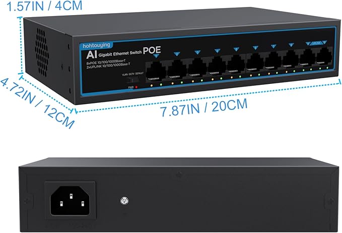 8 Port Gigabit PoE Switch with 2 Gigabit Uplink, 1000Mbps, 802.3af/at, 120W Built-in Power, Vlan, Unmanaged Metal Plug and Play,Ideal for NVR and Power Over Ethernet IP Cameras