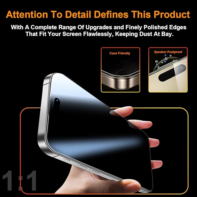 OneFish 2 Pack Privacy Screen Protector for iPhone 14 Pro Max - 4-Way 360° Anti-Spy Tempered Glass, 9H Hardness, 3D Curved Edges, Case-Friendly & Easy Installation