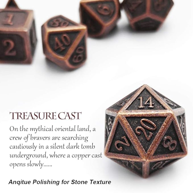Haxtec Antique Copper Metal DND Dice Set 7 Die Polyhedral D&D Dice Compatible with Dungeons and Dragons Gift TTRPG