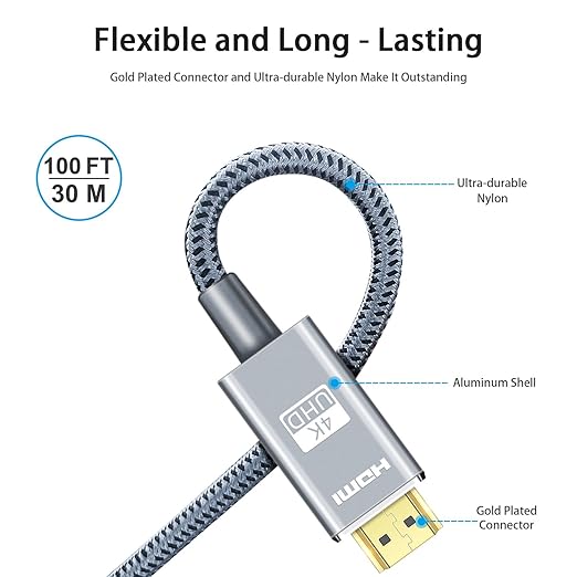 LEADSTAR HDMI Cable 4K 60 ft Fiber Optic, 4K 60Hz 18Gbps High Speed HDMI 2.0 Cord Braided | Ultra HD, HDR10, 1080p, eARC, 3D, HDCP 2.2 | for Xbox, PS5, TV, Laptop, Monitor