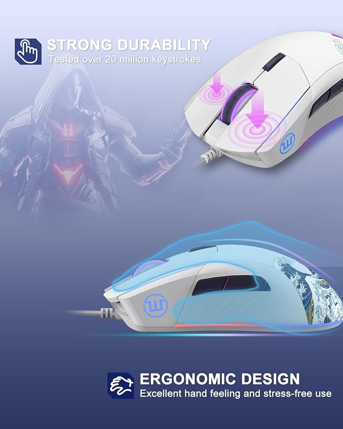COSTOM Womier G705 USB Wired Gaming Mouse for PC Computer Windows Mac Laptop, Lightweight Silent RGB Backlit Mouse with Adjustable 12000DPI/7 Programmable Side Buttons,White Kanagawa Theme