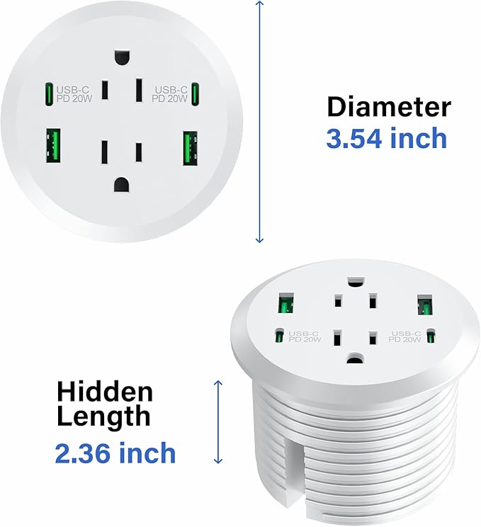Desktop Power Grommet,40W Fast Charging Station,2 AC Outlets,4 USB Ports,Flush Mount Power Grommet 3-inch Hole,2 PD 20W USB C Ports