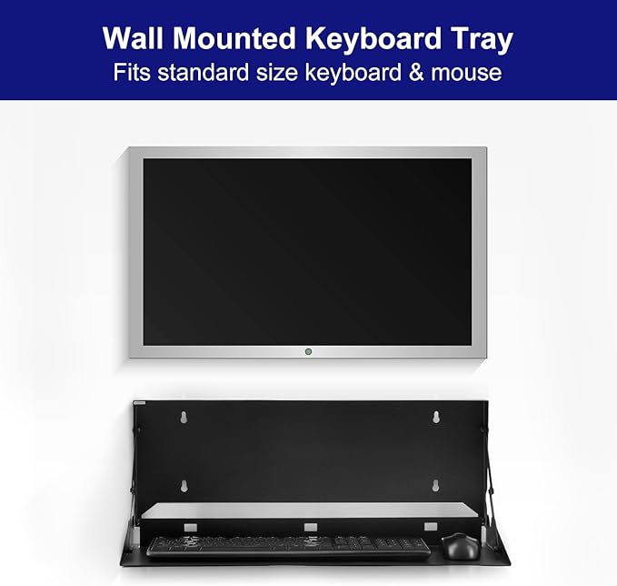 2 Pcs 24 Inch Keyboard Wall Mount Foldable Fits Standard Computer Keyboard Mouse Stand Tray Organizer for Small Offices Apartments, Easy Installation with 4 Screws (Black)