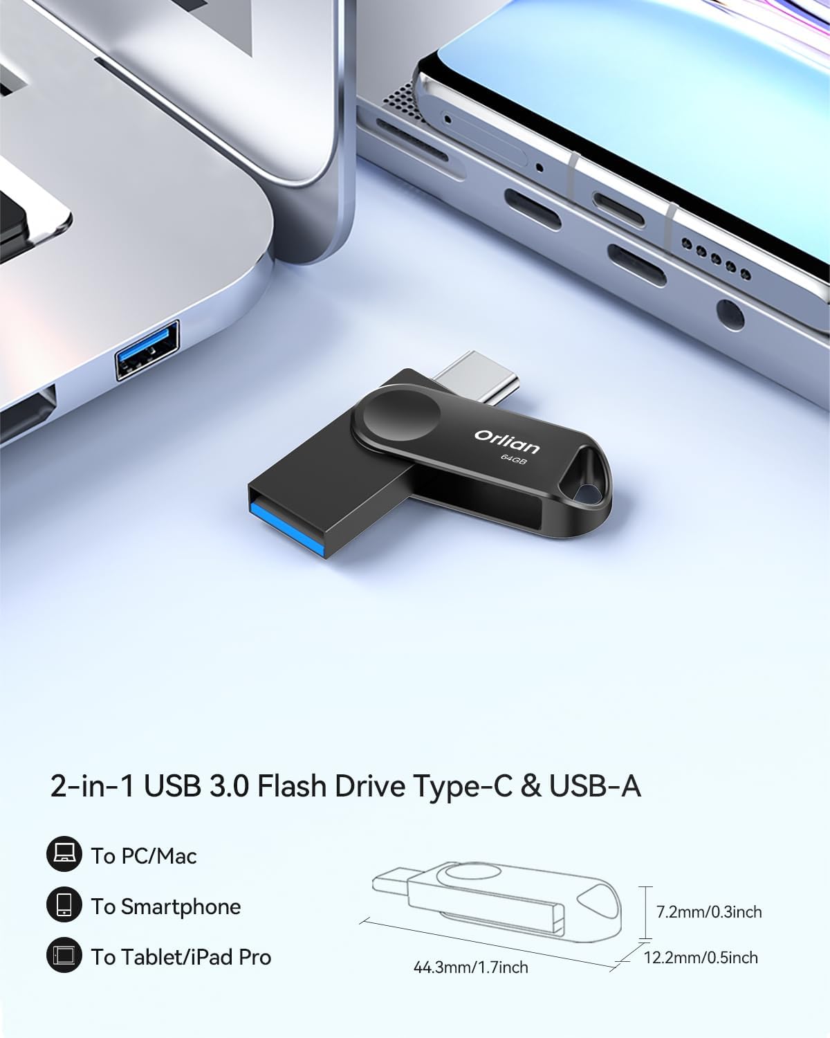 Orlian 64GB USB C Flash Drive Dual USB 3.0 Thumb Drive Type-C & USB-A up to 110MB/S Metal UDP Waterproof Swivel Design Memory Stick for Phone Android Tablet iPhone 15/16/17 Computer PC and More Black