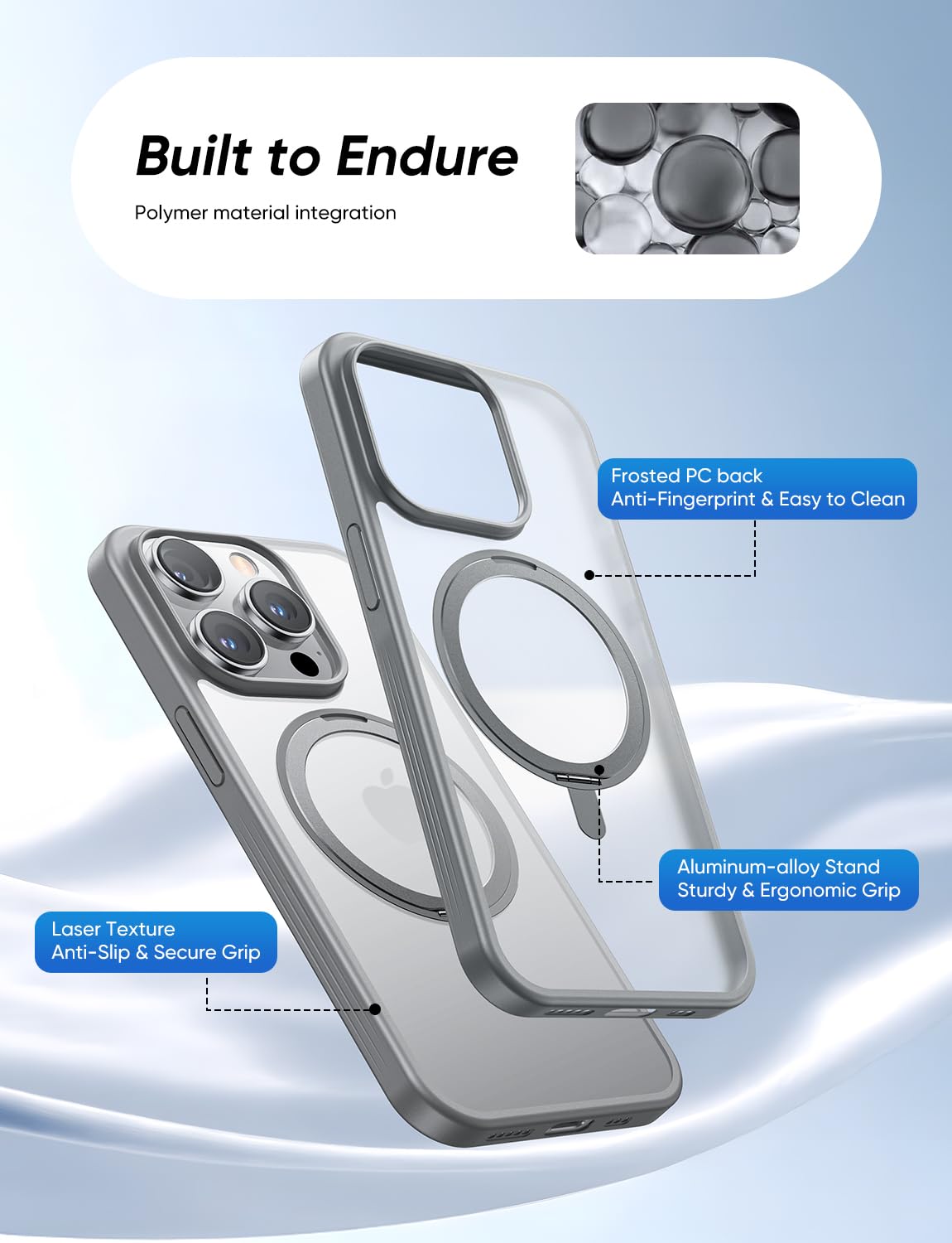 MAGIC JOHN 360° Rotatable Magnetic Invisible Stand for iPhone 14 Pro Case [Anti-Slip Grip] [Compatible with MagSafe] 16FT Shockproof for iPhone 14 Pro Case with Kickstand, Gray