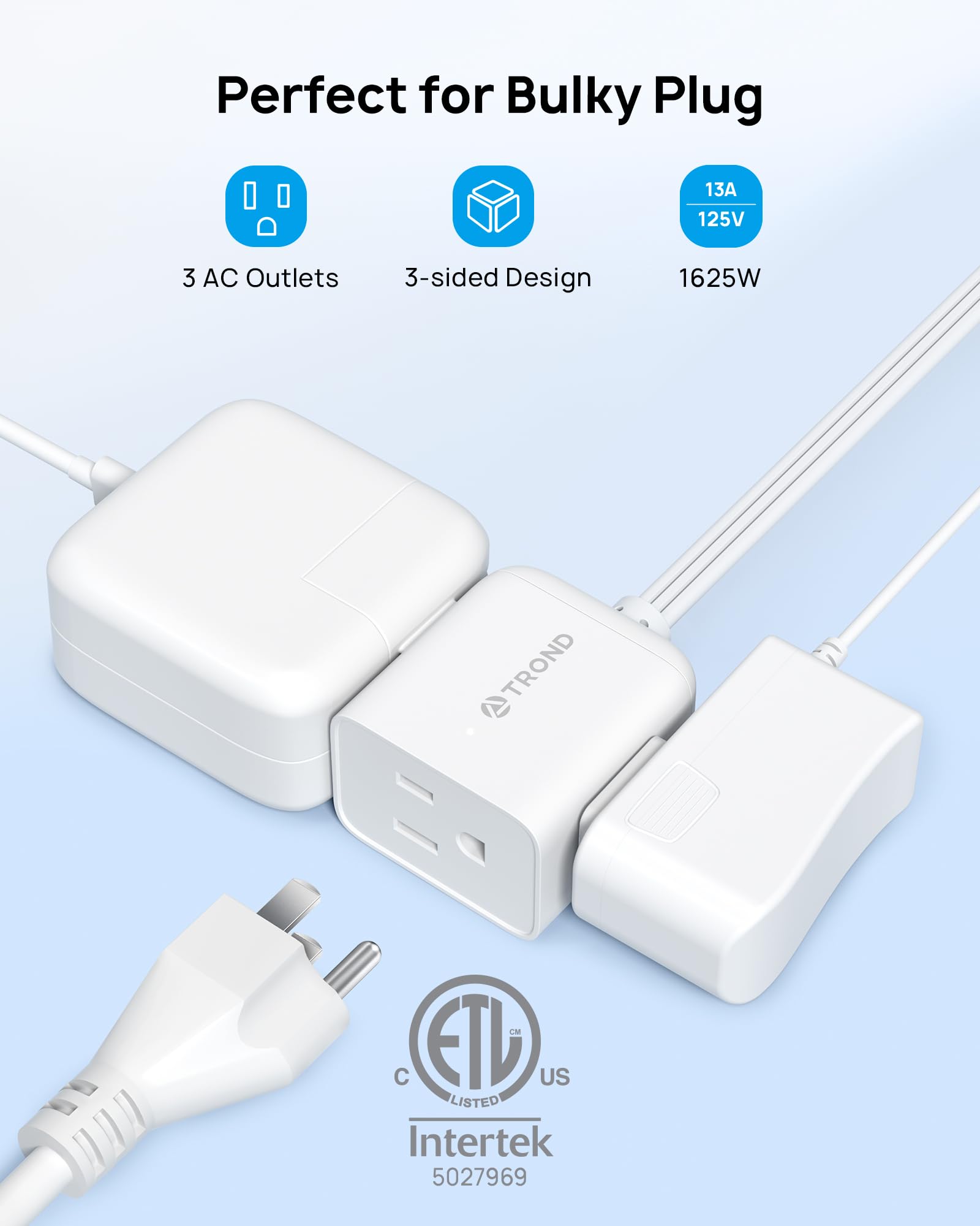 TROND 360 Rotating Flat Plug Extension Cord 10ft, 3 AC, ETL Listed, White
