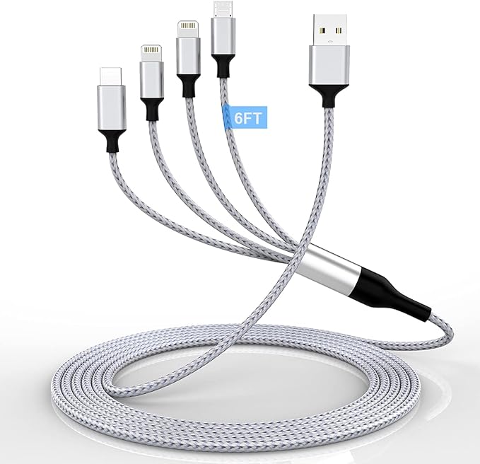 iPhone Charging Cable 1.8M/6Ft Multi 4 in 1 USB Universal Fast Charging Cord Multi Charging Cable Lightningx2+Type C+Micro USB Port Connectors Adapter for Android/Apple/iOS/Samsung/LG/Huawei/XiaoMi