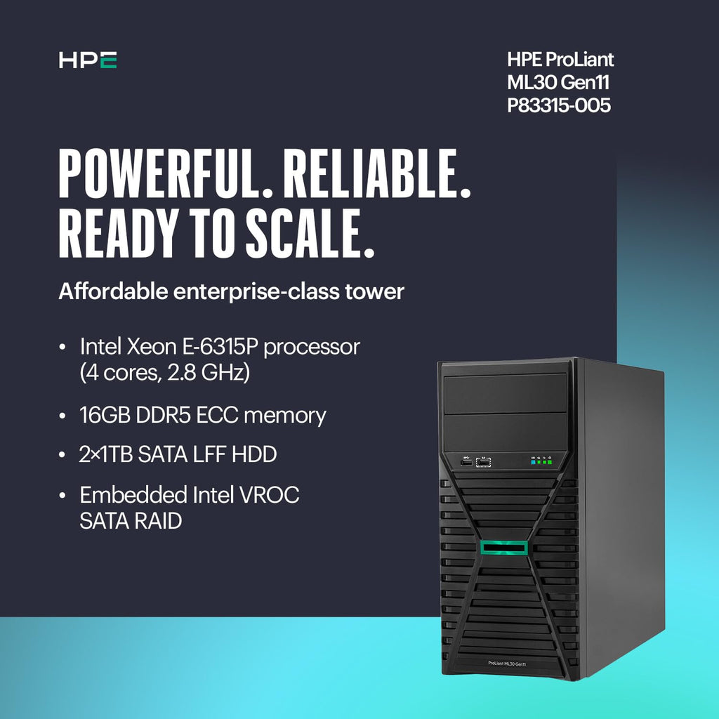 Hewlett Packard Enterprise ProLiant ML30 Gen11 Tower Server w/one Inte Xeon 6315P Processor, 2.8GHz, 4c 1P 1x16GB-U 4LFF-NHP 2x1TB HDD 1x350W PS (HPE Smart Choice P83315-005)