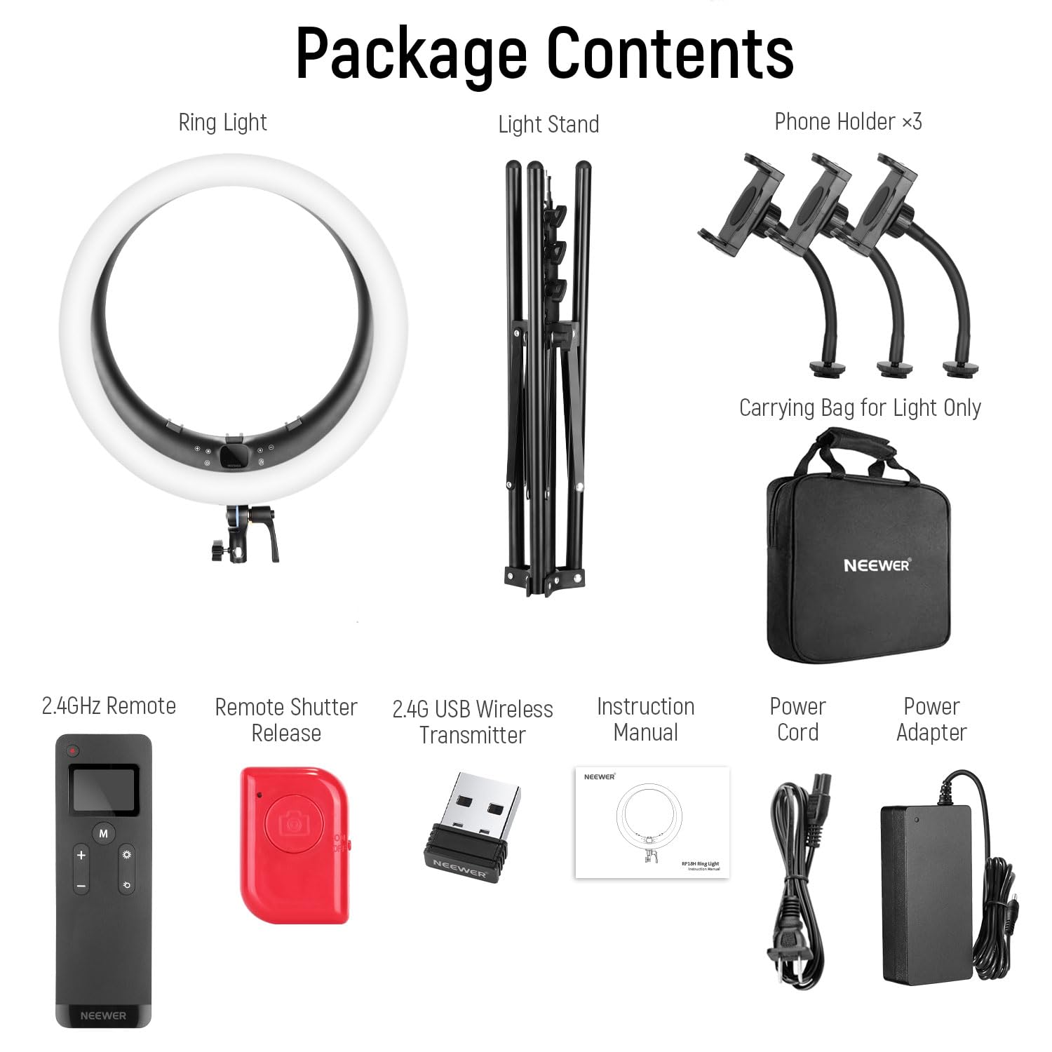 NEEWER 19 inch 2.4G Ring Light with Stand, 3 Phone Holders, 2.4G USB Transmitter for Mac/PC Remote Control, Touch Panel, Smooth Dimming at 1%, 3200K-5600K for Selfie TikTok Live Streaming Zoom, RP19H