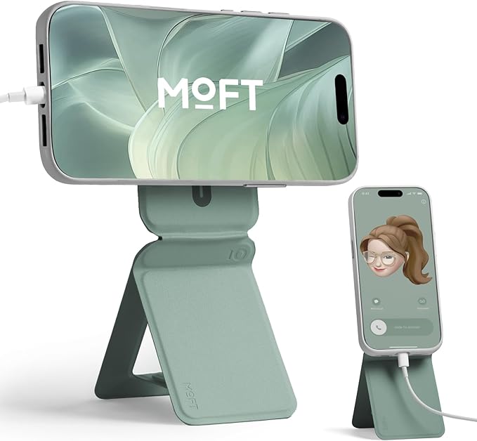 MOFT Phone Stand, Magnetic Phone Tripod Stand Stain-Resistant MOVAS Leather & Angle Adjustment & Strong Magnets Tripod for iPhone 16/15/14/13/12 (Included Metal Ring)-Seafoam