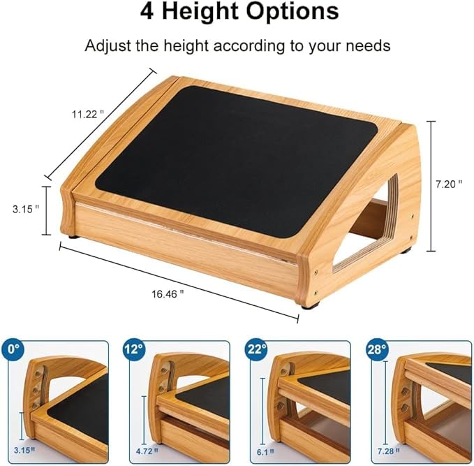 StrongTek Ergonomic Under Desk Footrest, 3 Adjustable Heights Wooden Office Footrest, Large Anti-Slip Surface, Improves Posture and Blood Circulation, up to 400lbs (Natural)