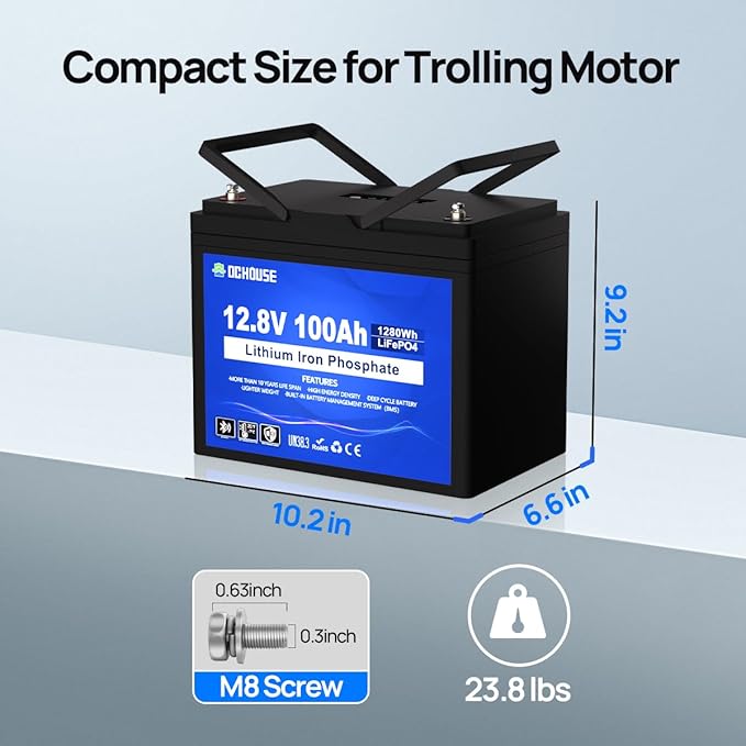 DC HOUSE 12V 100Ah LiFePO4 Trolling Motors Battery with SOC Status Indicators, Bluetooth & Low Temp Cut-Off, 100A Smart BMS, Up to 15000 Cycles for RV, Marine, Boat, Solar Off-Grid