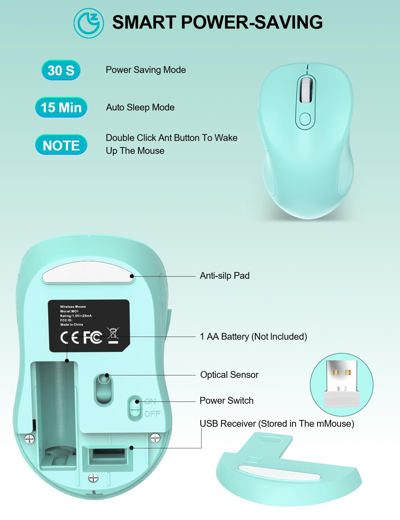 Trueque Wireless Mouse for Laptop, Ergonomic 6-Button Mouse, Mint Green
