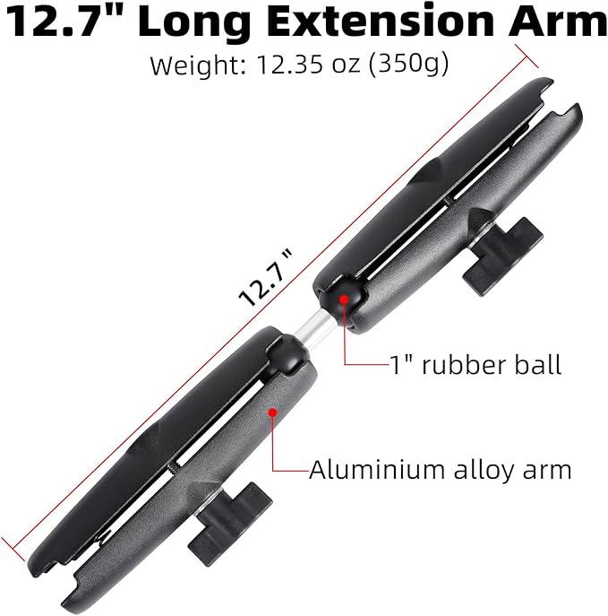 Dual Extension Double Socket Arm with 1" Double Ball Adapter Compatible with RAM B Size Mount and Other 1 inch Industry Standard Device, 360° Rotation Rod for Bike, Truck, Car (12.7" Length)