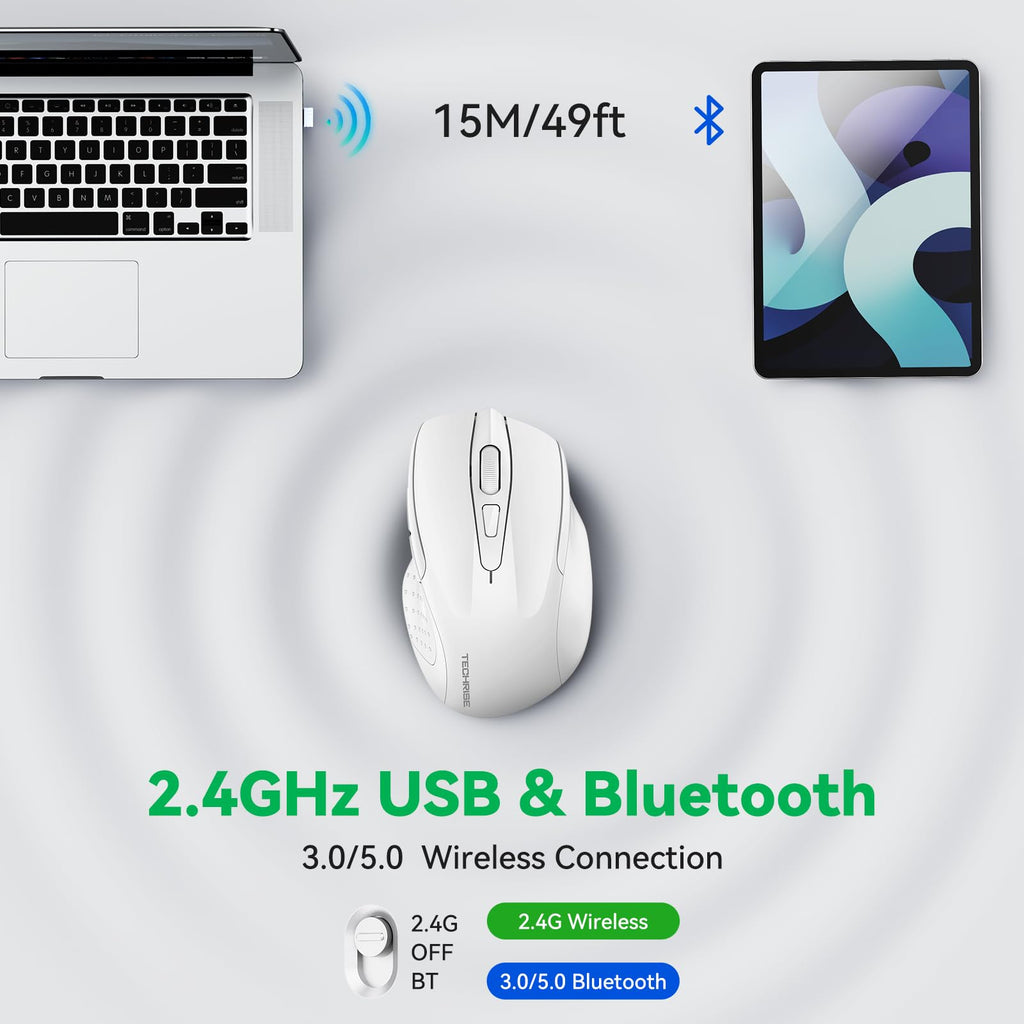 TechRise Bluetooth Mouse (BT5.0/3.0 & 2.4G) Rechargeable Wireless Mouse 2.4GHz with USB A Receiver, 4800 DPI Optical Tracking, 6 Adjustable DPI, Quiet Clicks, 6 Buttons, Wide Compatibility - White