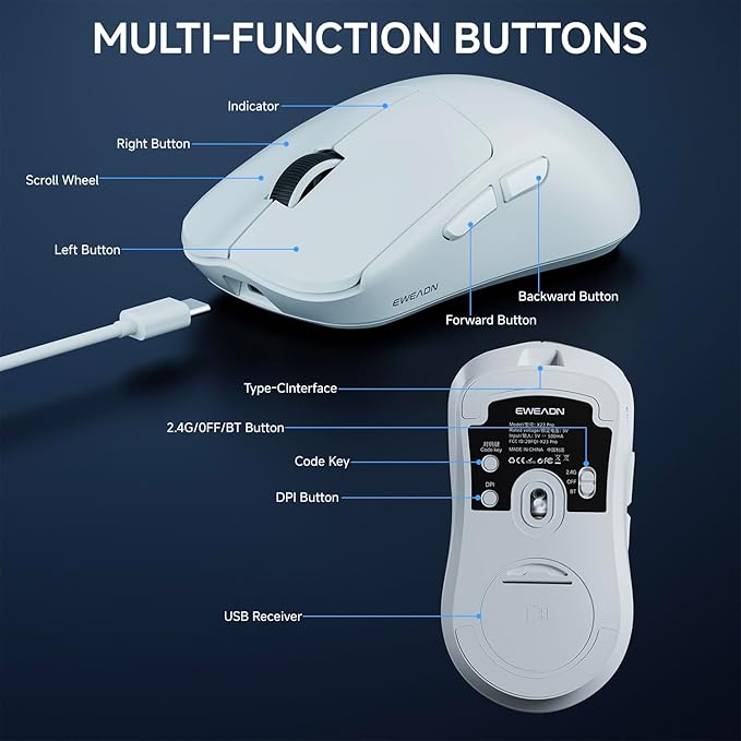 EWEADN X23Pro Wireless Gaming Mouse, 2.4G/BT5.0/USB-C Esports Gaming Mouse, 49g Lightweight Mouse Gaming, 12000 DPI Wireless Mouse with 6 Programmable Buttons,for Laptop/PC/Mac, White