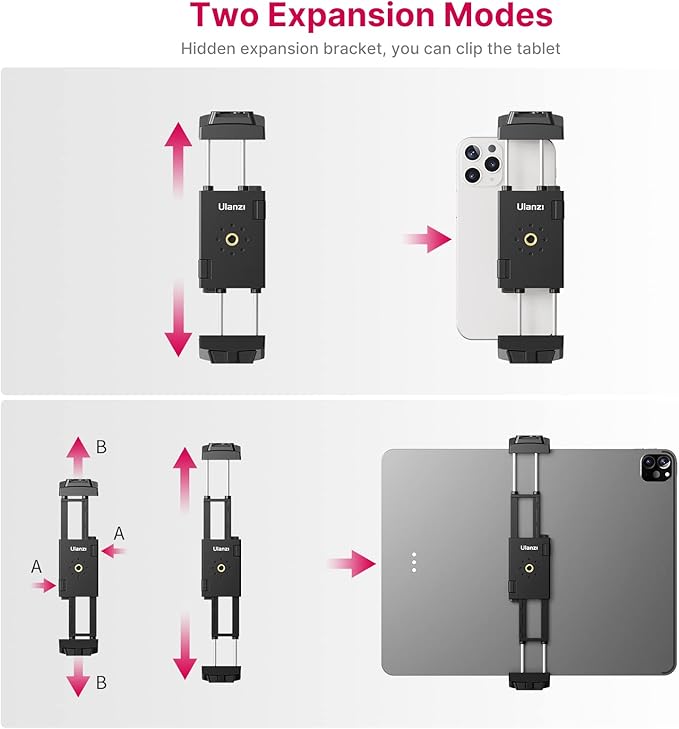 ULANZI ST-29 Phone Tripod Mount, Universal 2-in-1 Tablet Smartphone Holder Adapter with Cold Shoe Mount, 2.6"-8.8" Extend Clip Clamp Compatible with iPad, iPhone, Samsung Galaxy and More
