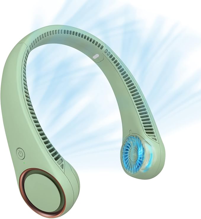 CIVPOWER Neck Fan: Portable Personal Neck Cooling Rechargeable Bladeless Fan - Hands Free 3 Speed 4000 mAh Battery USB Operated Wearable Headphone Design - for Men Women Outdoor Indoor (Light Green)