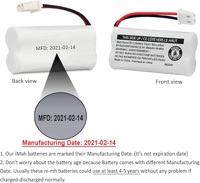 iMah BT162342/BT262342 2.4V 300mAh Ni-MH Cordless Phone Battery Pack, Also Compatible with BT183342/BT283342 AT&T EL52351 TL90070 VTech CS5119 DS6511 DS6722 LS6305 Handset, 4-Pack