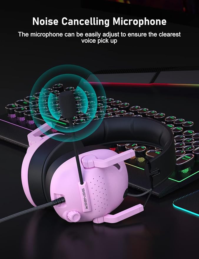 SENZER SG500 Surround Sound Pro Gaming Headset with Noise Cancelling Microphone - Soft Memory Foam Padding - Portable Foldable Headphones for PC, PS4, PS5, Xbox One, Switch - Pink