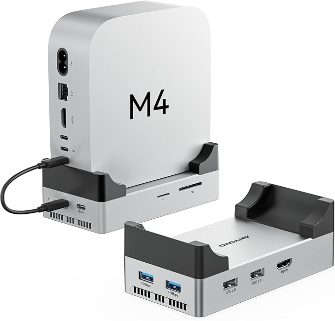 ANYOYO Mac mini M4 Dock and Stand, 10-in-1 Aluminum USB-C Hub with M.2 NVMe SSD Enclosure, 4K 60Hz Dual HDMI, 10 Gbps USB-C/A, 30W PD-in, Smart Fan Cooling, Wi-Fi Signal Friendly Design, Silver