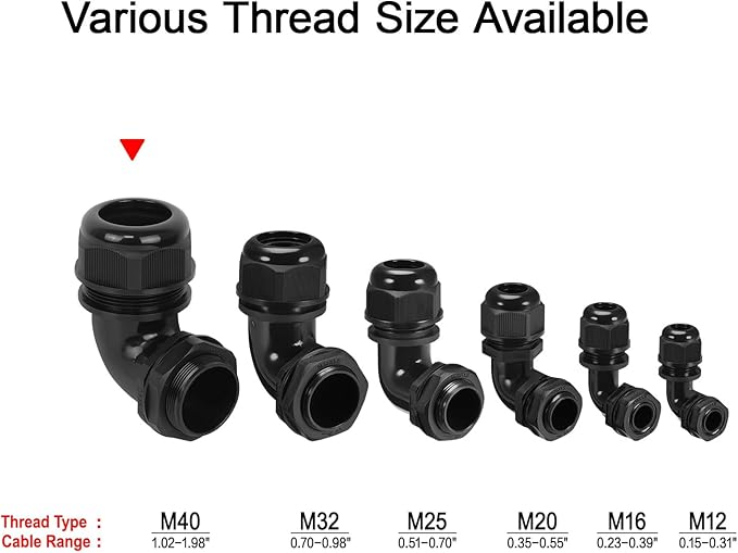 LeMotech M40 Cable Gland, 90 Degree Adjustable 26-33mm Cable Range Strain Relief, Cord Connectors Nylon Joints with Gaskets, 2 Pcs, Black