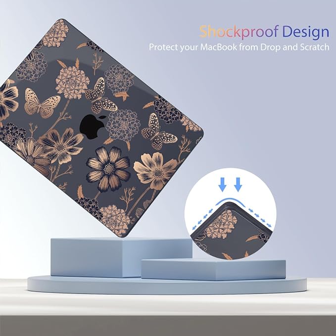 Teryeefi for MacBook Air M2 M3 M4 13.6 Case 2022 2023 2024 2025 Release A2681 A3113 A3240, Clear Hard Shell with Keyboard Cover & USB 3.0 Adapter & Screen Protector, Gold Floral Butterfly
