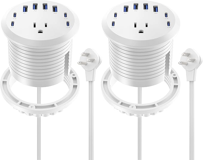 Jgstkcity 65W USB-C Hidden Desktop Power Grommet: 1 AC Outlet,8 USB Charging Ports,3'' Hole Flush Mount Pop-Up Power for Conference Tables & Nightstands (Whtie, 6 FT - 2PCS)